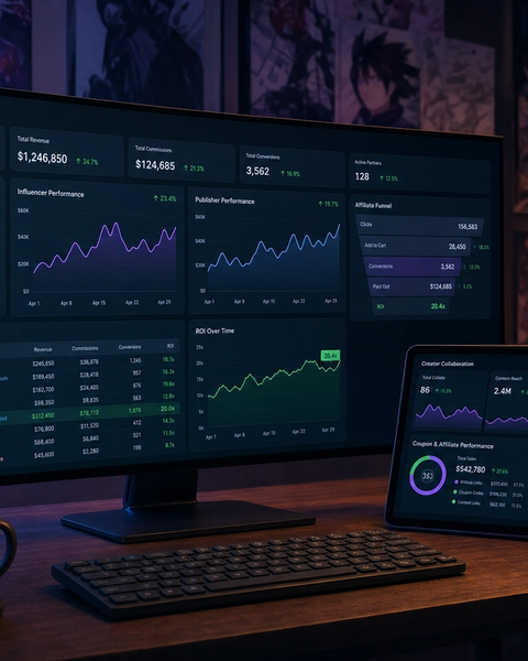 Affiliate partner performance dashboard and creator collaboration metrics on a monitor in a dark workspace