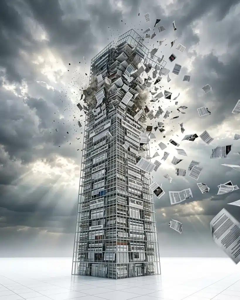 A tower built of stacked articles crumbling as pages blow away — the Skyscraper content tactic falling apart.