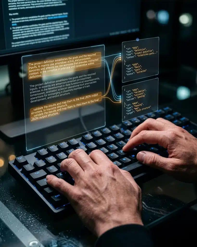 Hands on a keyboard with floating panels showing page text being mapped into structured JSON for AI to extract.