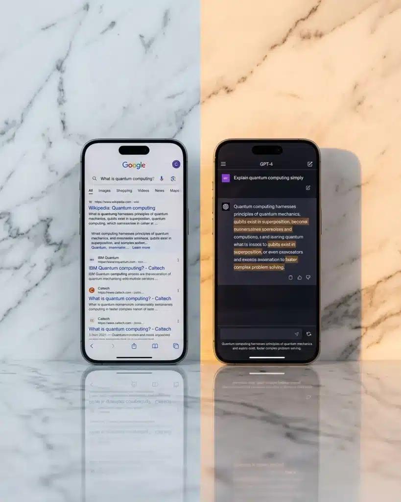 Two phones side by side: Google results for “What is quantum computing?” next to ChatGPT answering the same question.