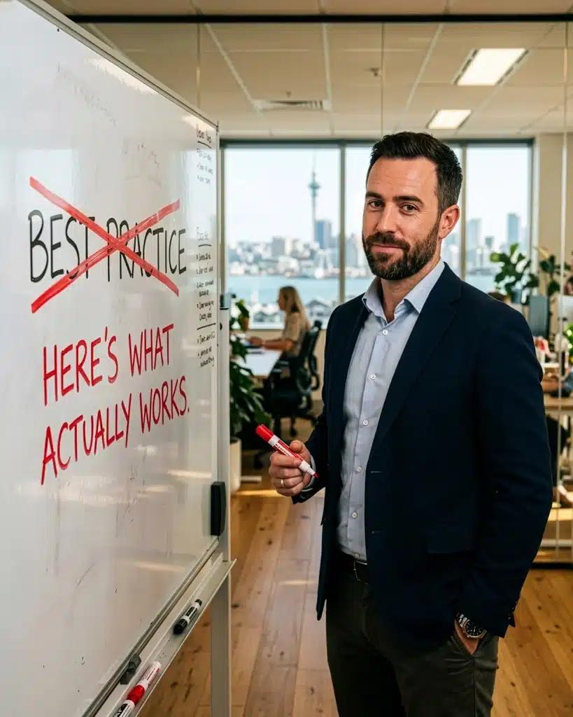 Marketer in an Auckland office beside a whiteboard with “Best practice” crossed out and “Here’s what actually works”.