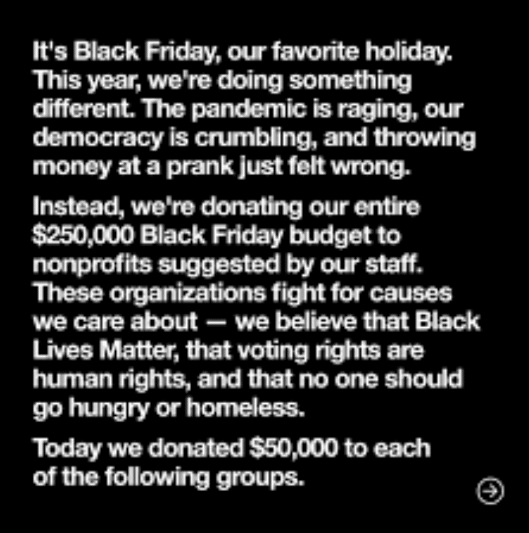 Cards Against Humanity Black Friday post announcing a $250,000 donation to nonprofits instead of a sale