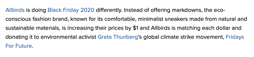 Allbirds news article about BF climate charity donation