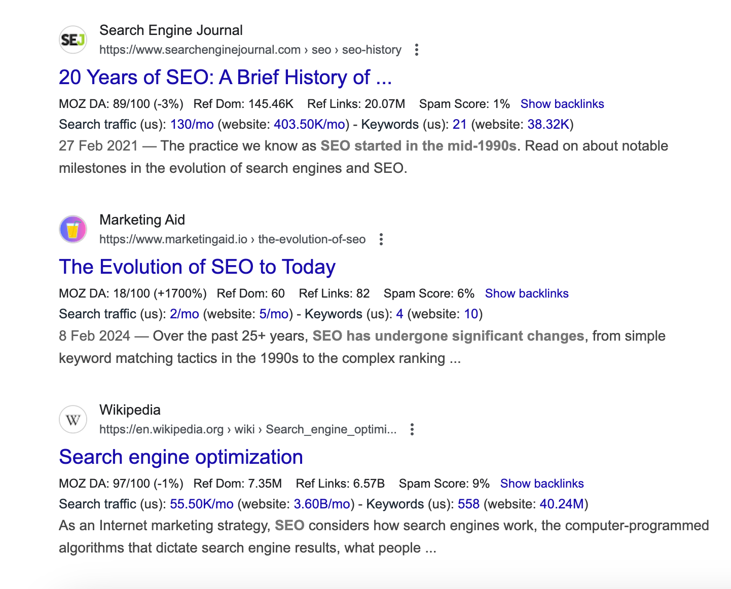 SEO Result - three websites showing title tag of the site, title of the page, meta description of 150-160 characters and URL.