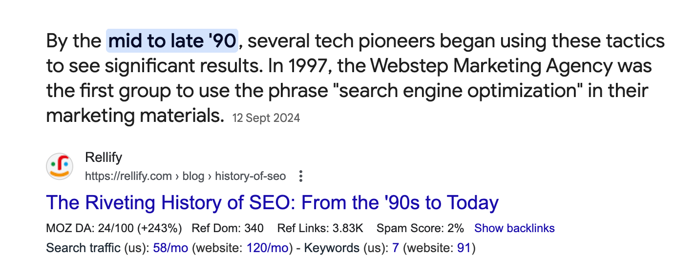 AEO Result - this featured snippet can have variable length answers from 40 to 60 words and a date for the answer (helpful when recency matters). It’s one type of “answer box” search result and importantly, in this case it also includes the source URL immediately below.