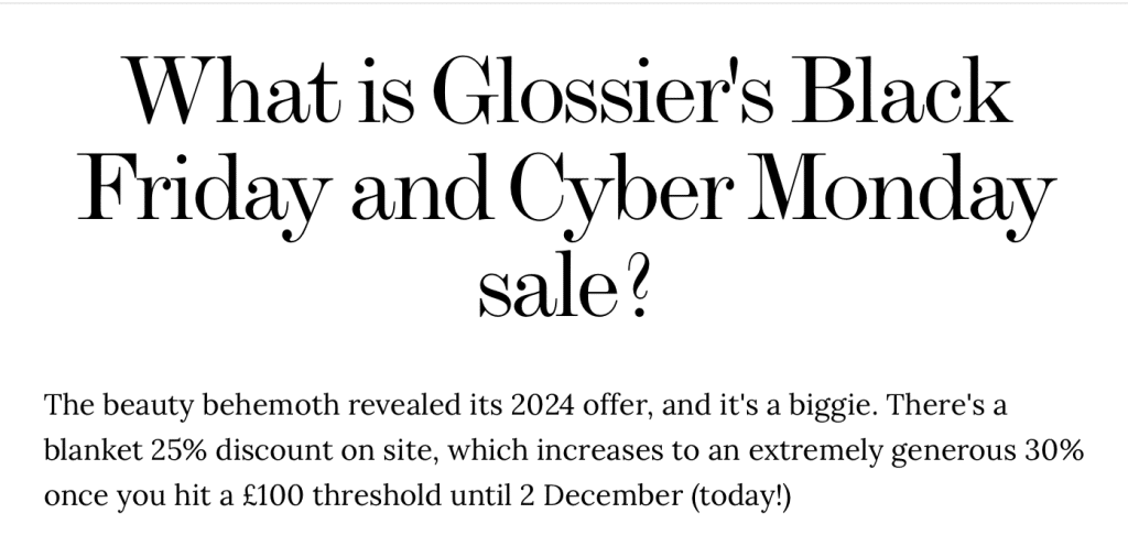 Elle Magazine article profiling Glossier's community-driven Black Friday sale