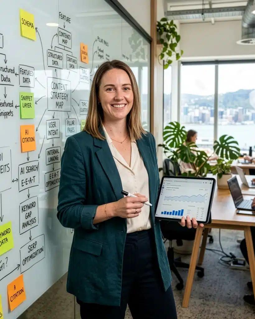 Strategist with a tablet in front of a glass wall mapping content strategy: schema, snippet layer, AI citation, E-E-A-T.