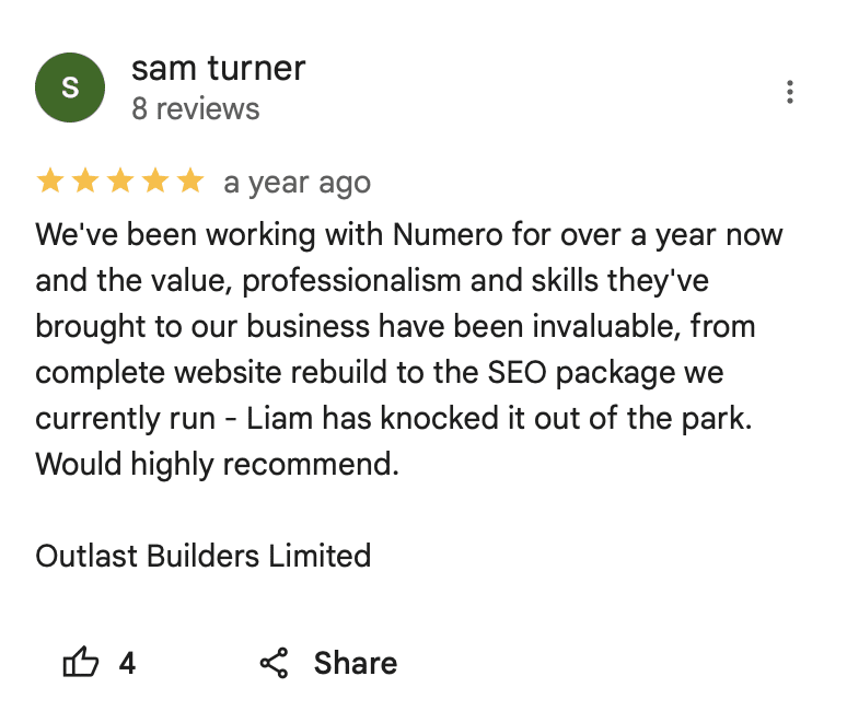 Client testimonial from Sam Turner of Outlast Builders about a website rebuild