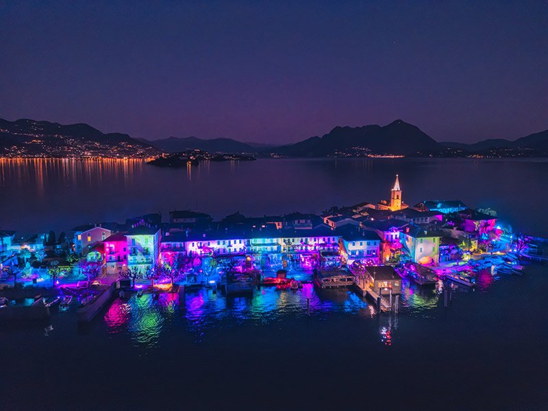 Isola dei Pescatori on Lake Maggiore illuminated with Christmas lights