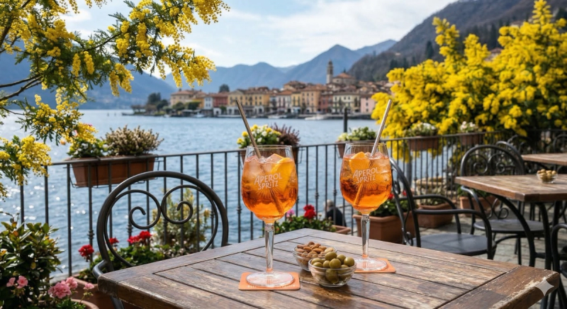 Two Aperol Spritz on a lakeside terrace table framed by mimosa blossoms, with an Italian village across the water