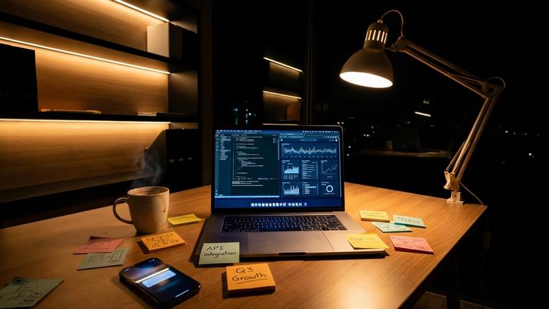 A startup team collaborating around laptops in a modern workspace