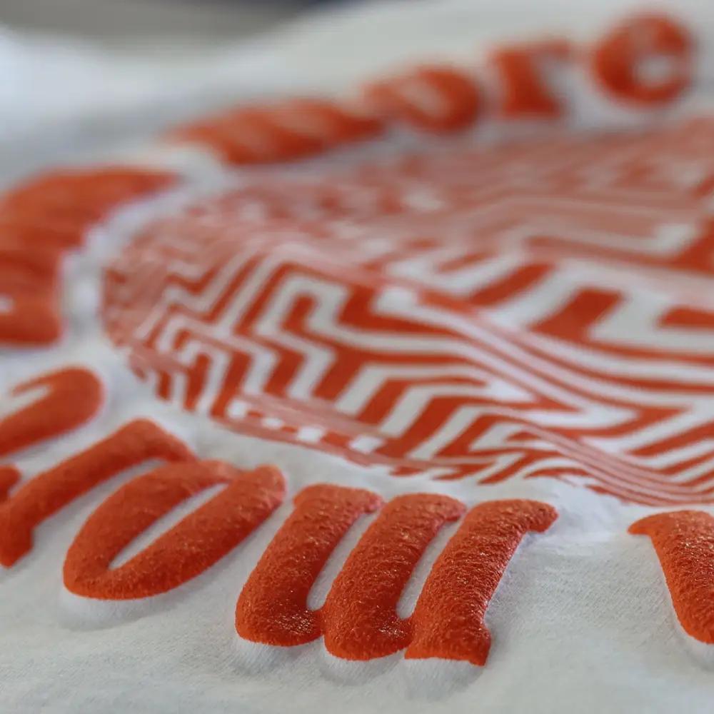 Custom 3D Puff Screen Printed LA Apparel 1801GD T-Shirts with Vibrant Orange Ink