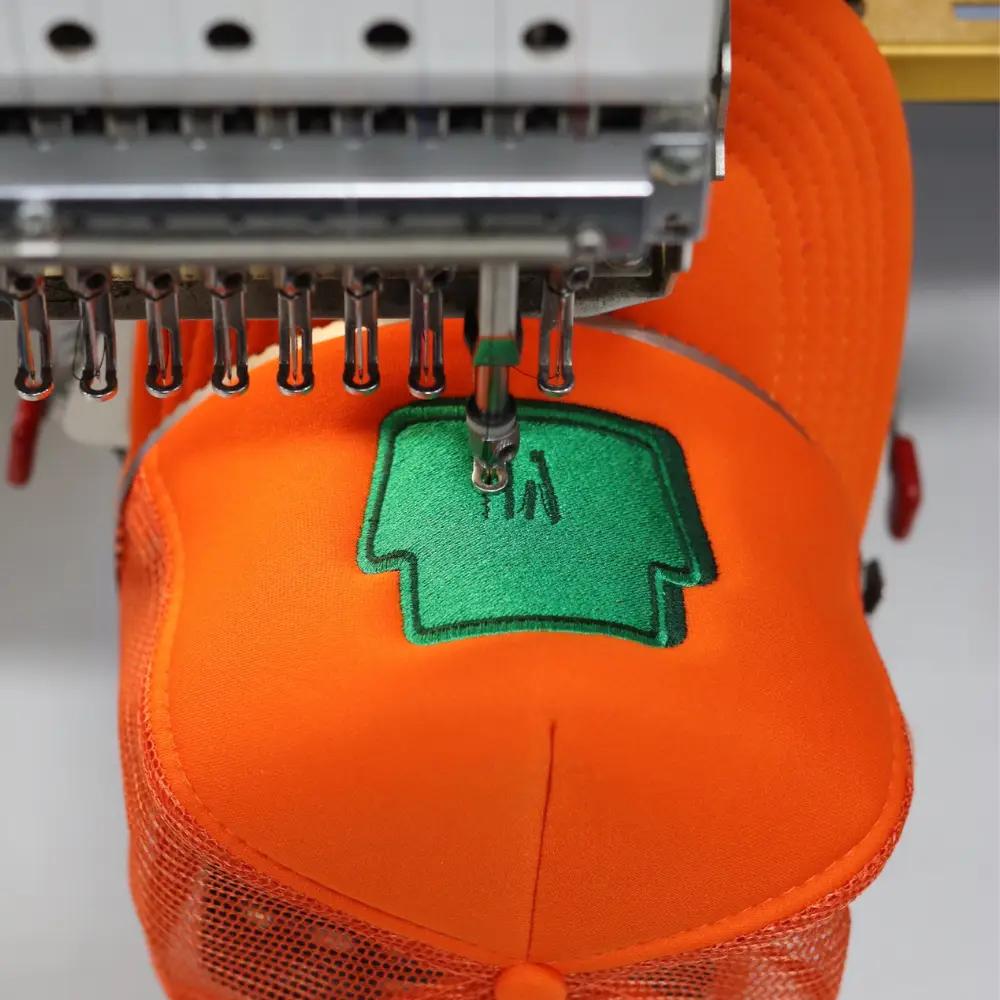 Custom Embroidered Orange OTTO CAP 39-165 High Crown Mesh Back Trucker Hats for Camp Scoville 2