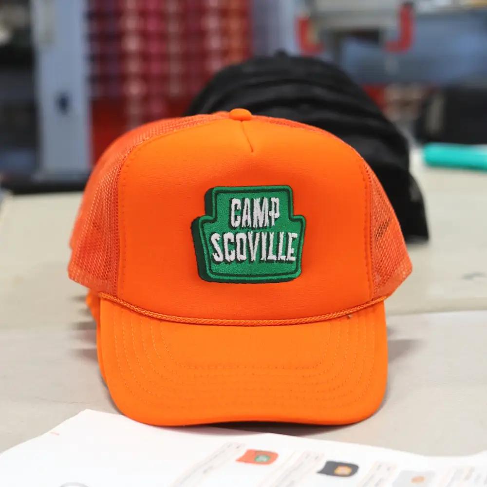 Custom Embroidered Orange OTTO CAP 39-165 High Crown Mesh Back Trucker Hats for Camp Scoville