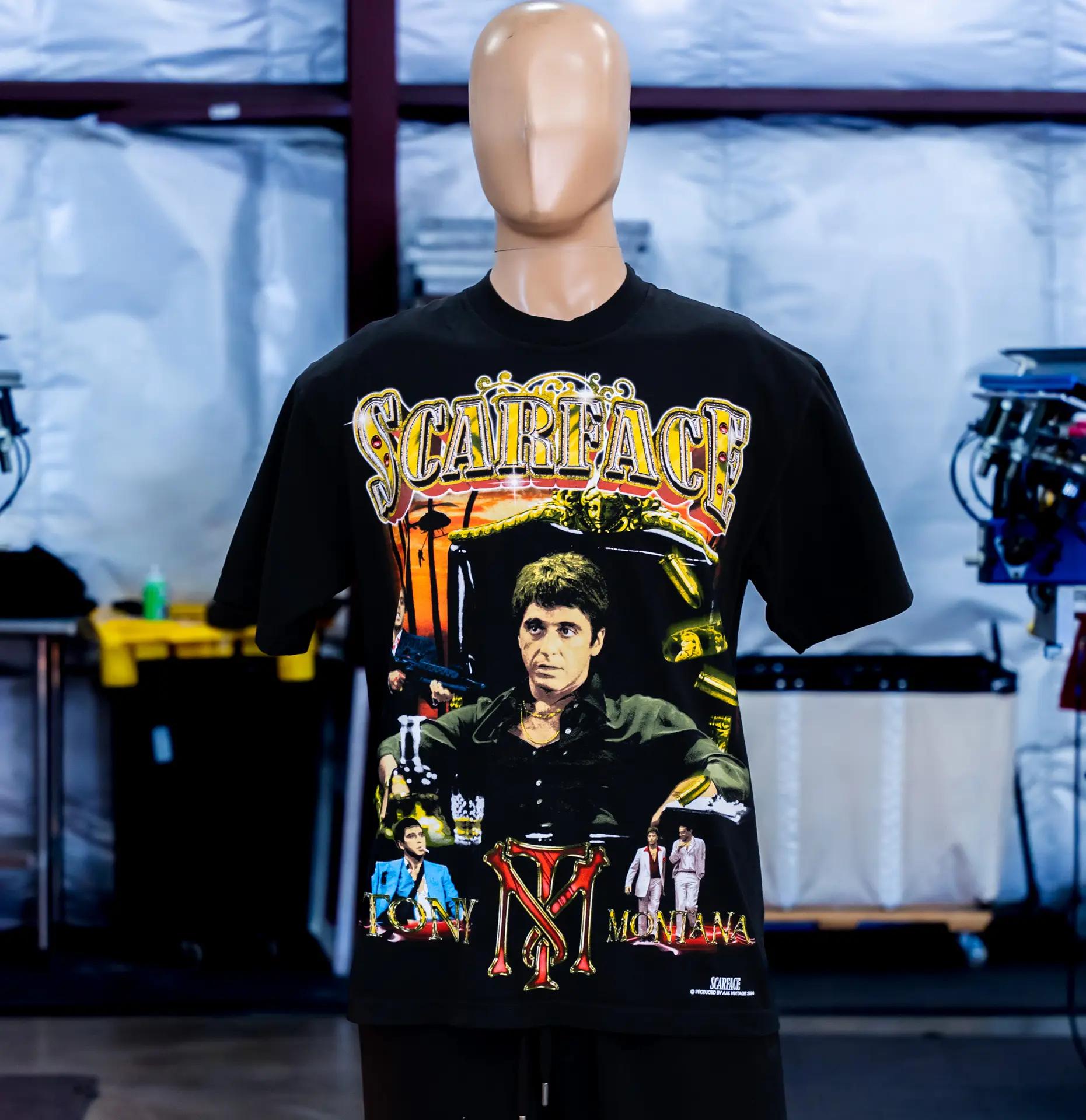 Jumbo 8-Color Screen Printing for Scarface on LA Apparel 1801GD T-Shirts