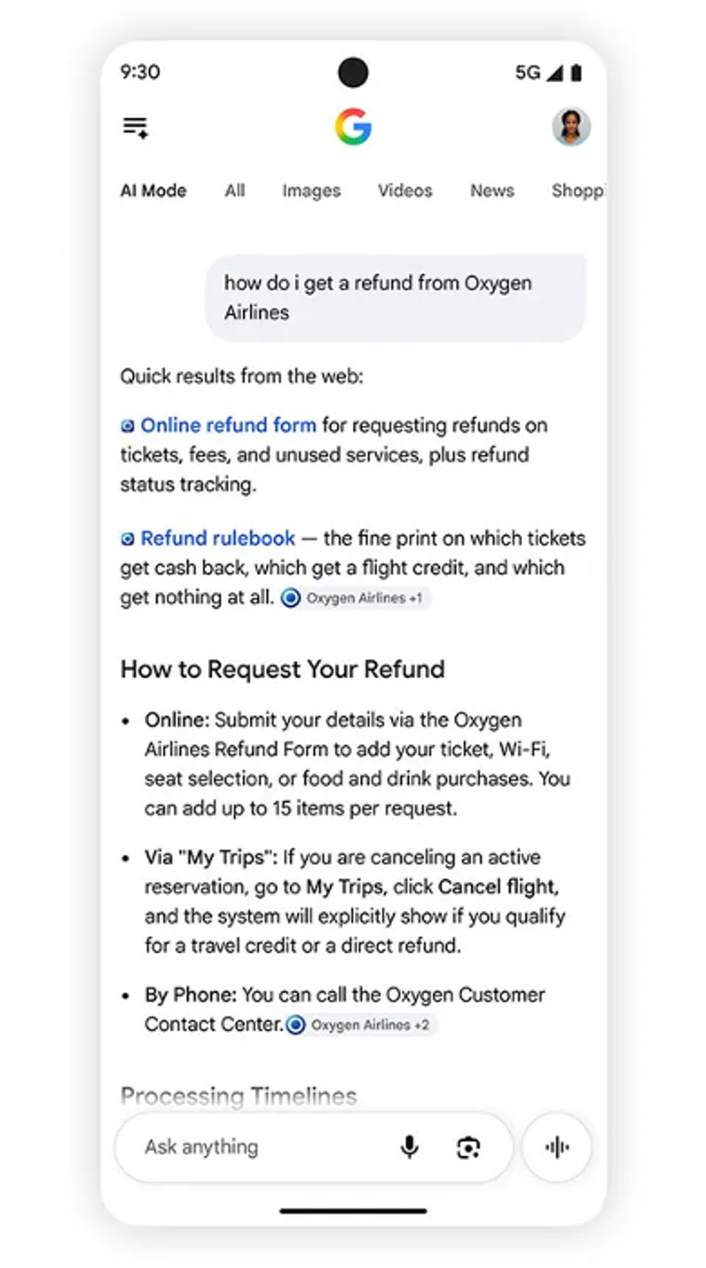 Google's example of the official pages test in AI Mode from a screenshot: a search for getting a refund from a fictional airline shows the online refund form and refund rulebook as links at the top.