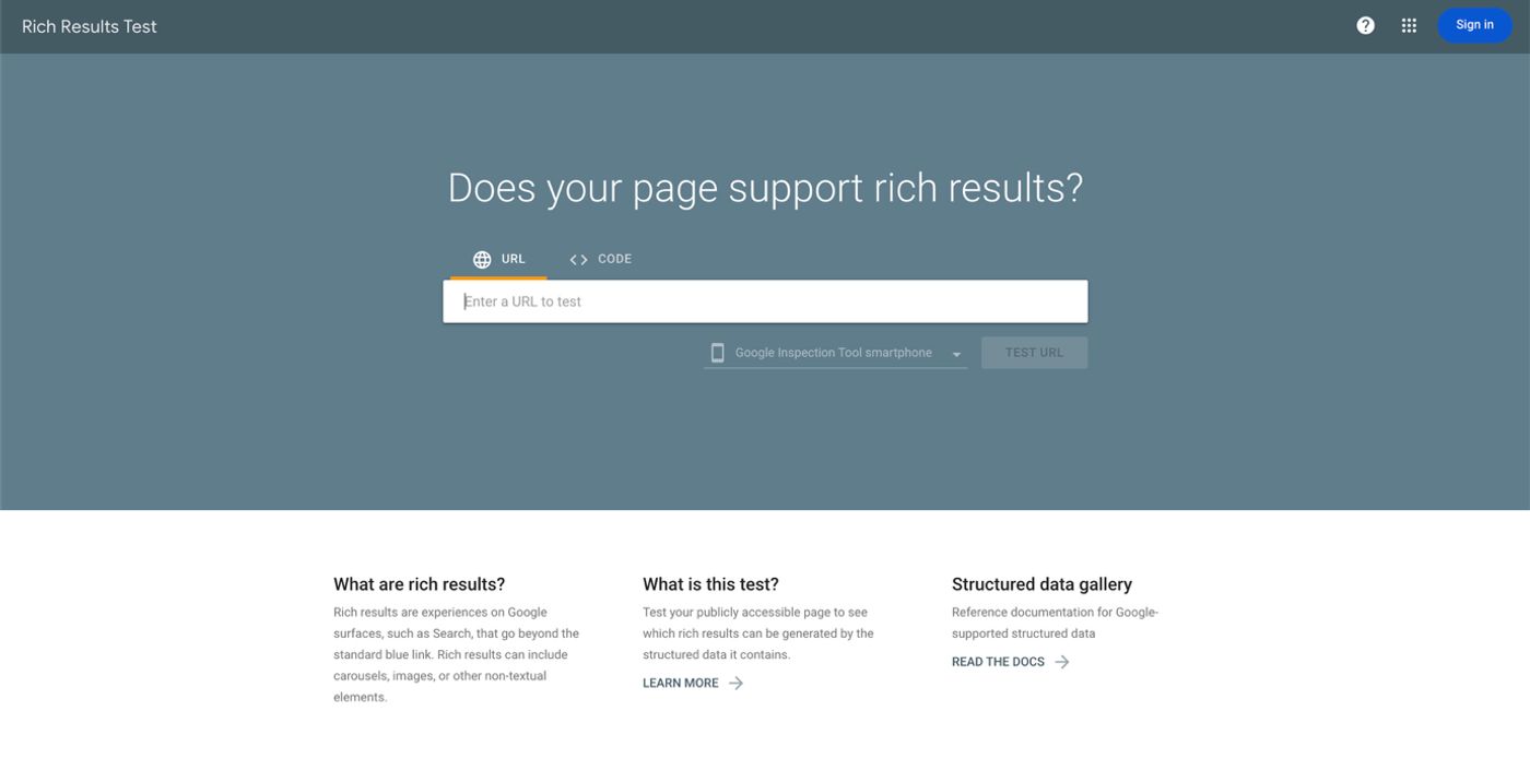 A website displaying a search panel for checking Google’s Rich Results eligibility.