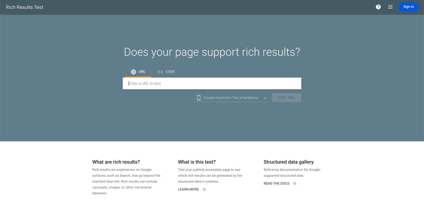 A website displaying a search panel for checking Google’s Rich Results eligibility.