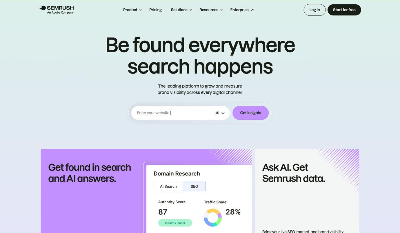 Homepage of SEMrush, an Adobe company, displaying their slogan, menu, log in options and capabilities in getting found online.