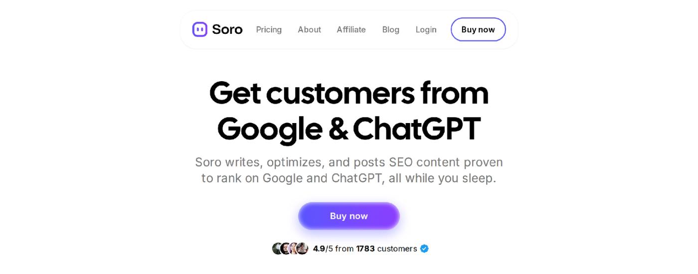 Soro's homepage headline, "Get customers from Google & ChatGPT," showing its live rating badge of 4.9/5 from 1,783 customers
