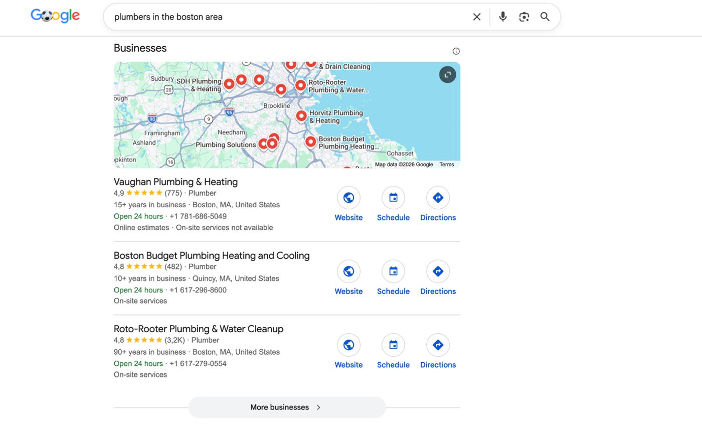 Google Search results showing the local map pack with businesses listed nearby, their ratings and location info