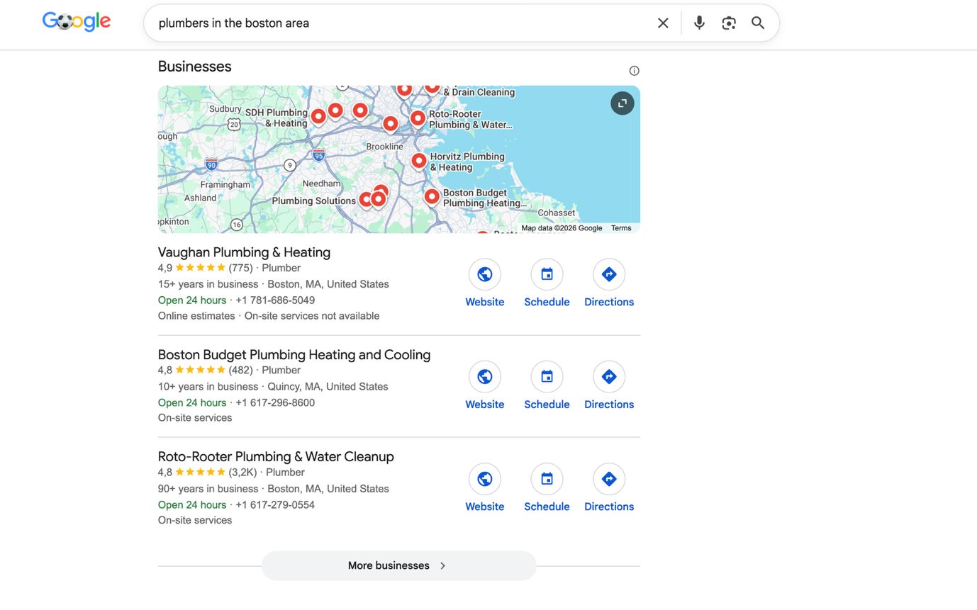 Google Search results showing the local map pack with businesses listed nearby, their ratings and location info