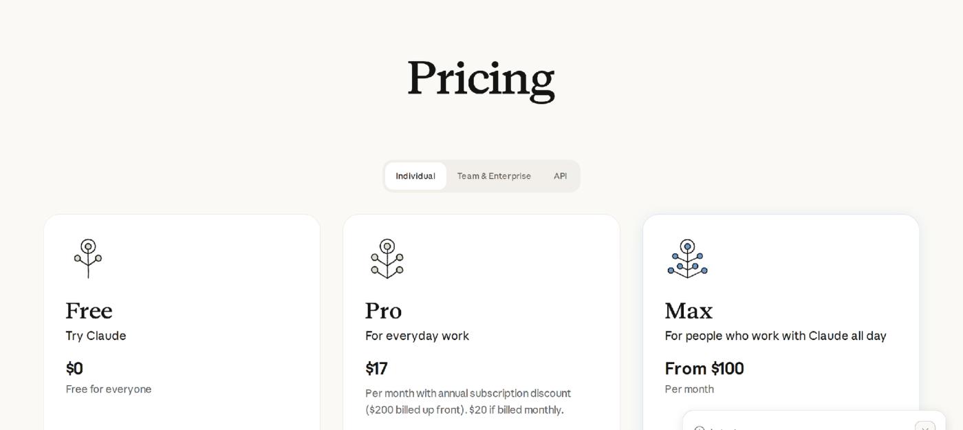 Claude's pricing page showing Free ($0), Pro ($17/month with annual billing), and Max (from $100/month) plans