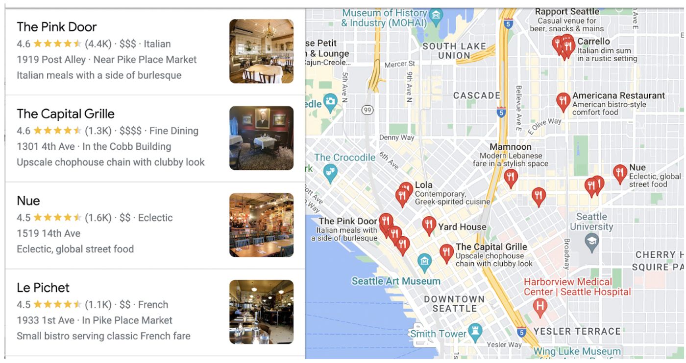 A screenshot of Google Maps Map Pack, showing various restaurants around the Downtown Seattle area, with 4.6- & 4.5-star ratings and interior pictures.