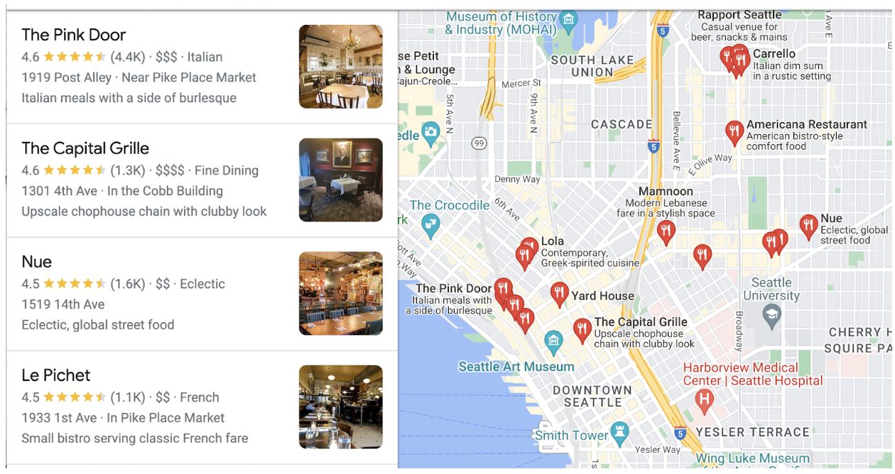 A screenshot of Google Maps Map Pack, showing various restaurants around the Downtown Seattle area, with 4.6- & 4.5-star ratings and interior pictures.