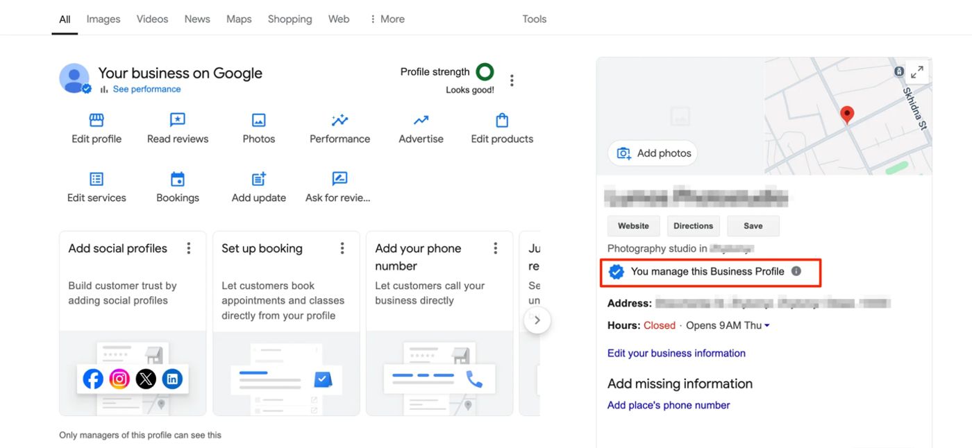 A screenshot of the Google Business Profile management interface, showing profile editing options and confirming business ownership.