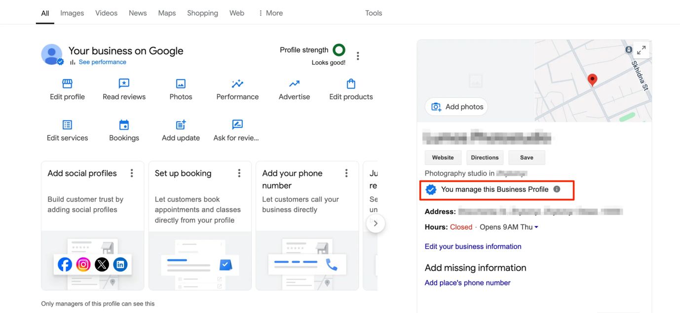 A screenshot of the Google Business Profile management interface, showing profile editing options and confirming business ownership.