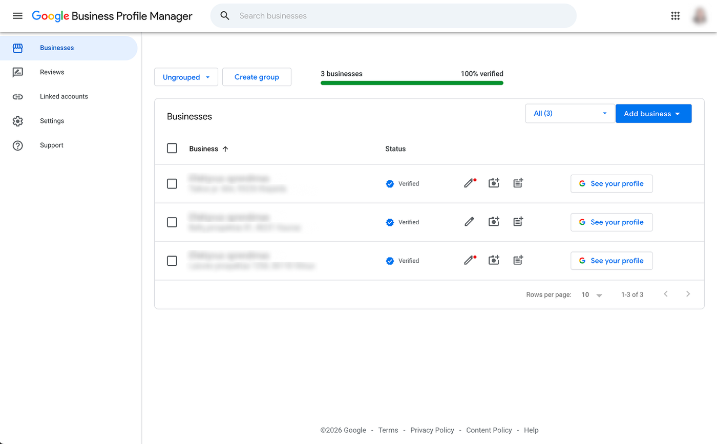 Google Business Profile dashboard showing the access to tools for managing business information, locations and reviews.