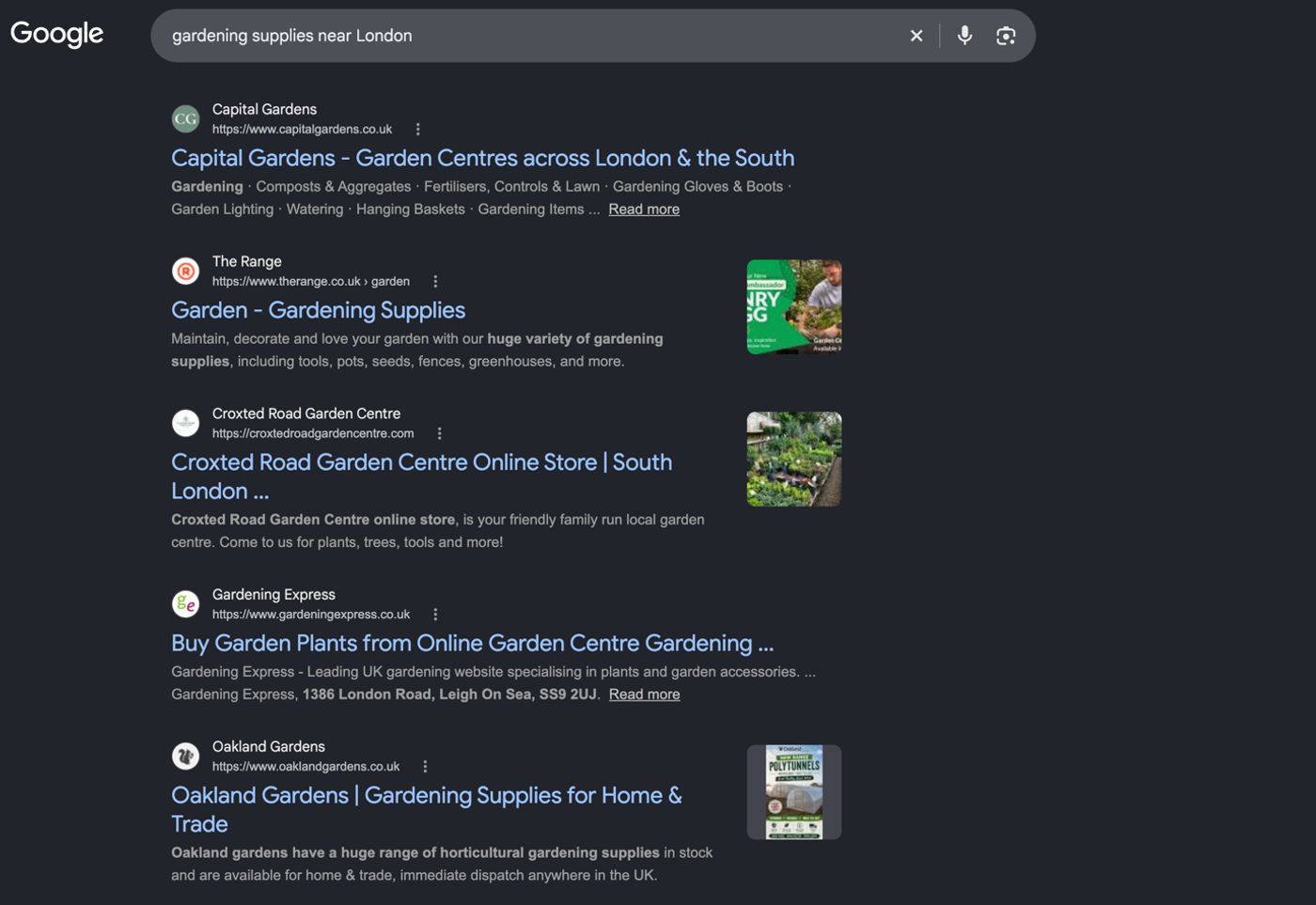 Google search page for gardening supplies near London, displaying title tags and meta descriptions.