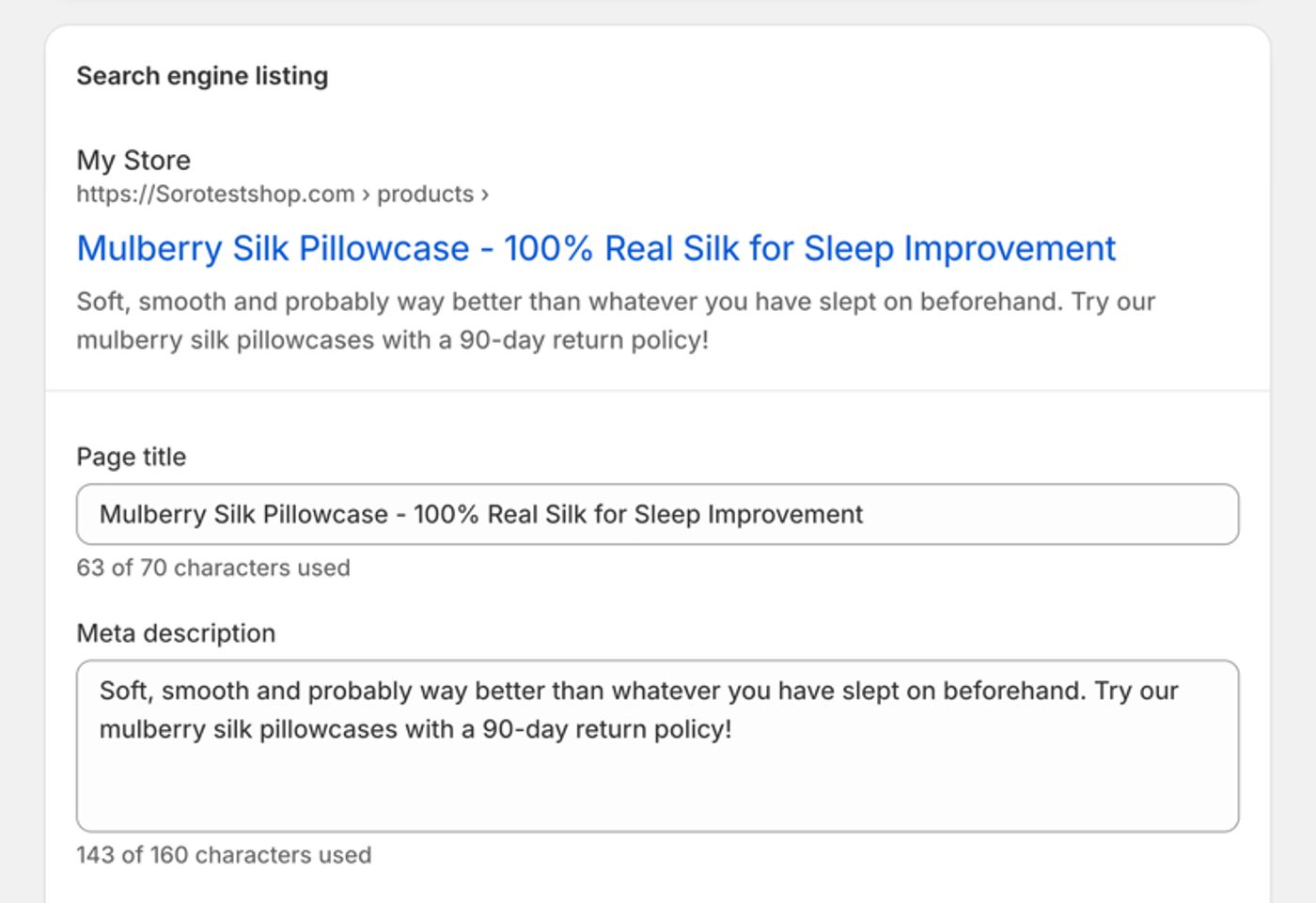 Shopify’s product page SEO editor showing the Search engine listing preview fields as an example.