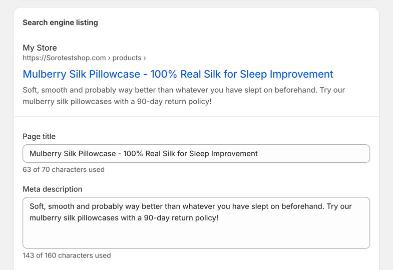 Shopify’s product page SEO editor showing the Search engine listing preview fields as an example.