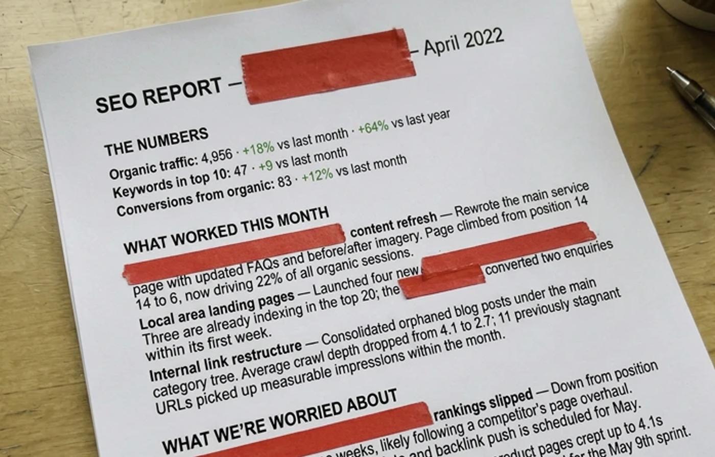 One of the SEO reports we used to send clients by hand, with the client name redacted