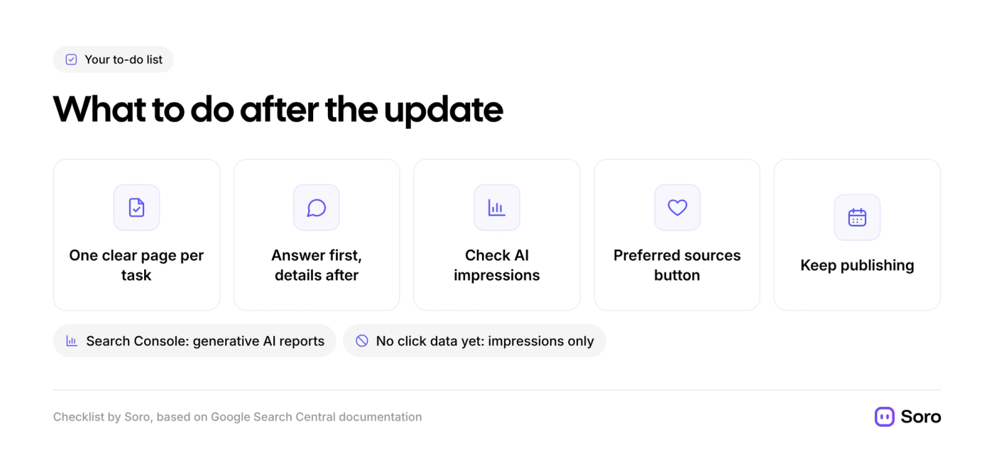 5-item to-do list after Google's update: one clear page per task, answer first and details after, check AI impressions, add a preferred sources button, and keep publishing.