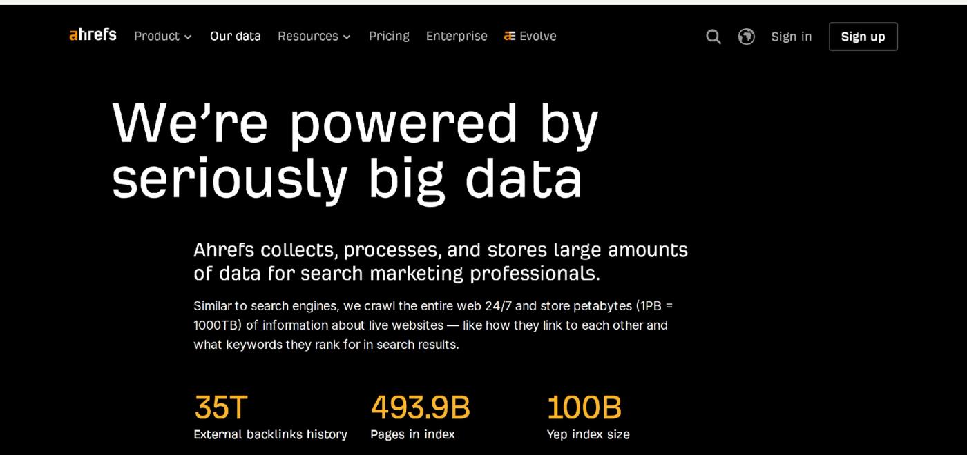 Ahrefs' data page showing its index size: 35 trillion backlinks, 493.9 billion pages indexed, and a 100-billion keyword index