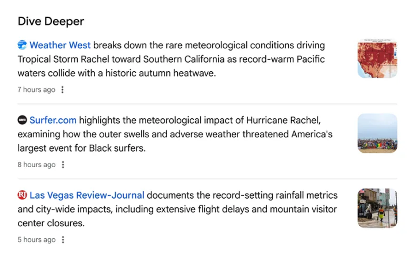 Google's example of related article links at the end of an AI Mode answer, each with a publisher name, short description, and image thumbnail.