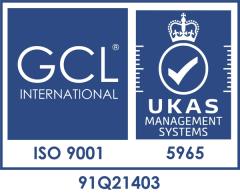 GCL International and UKAS ISO 9001 certification mark, registration 91Q21403