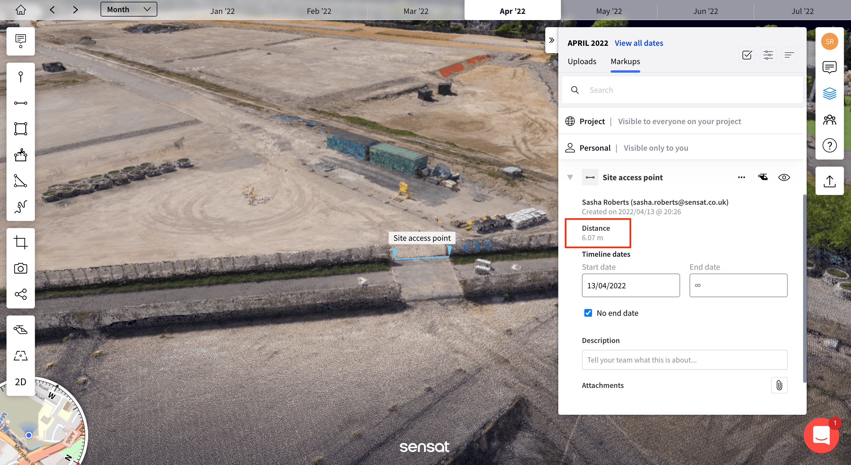 Distance can be read in the markups panel