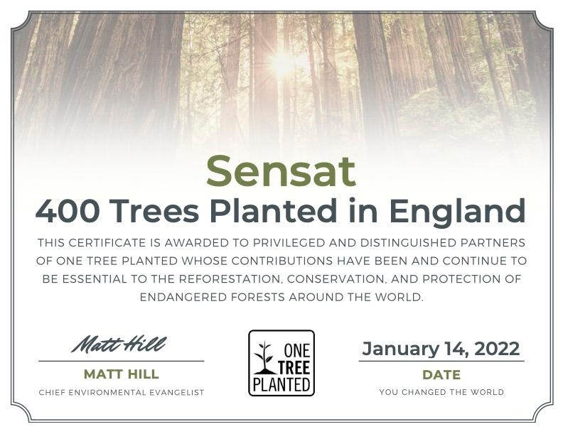 Sensat certificate of plating 400 trees with One Tree Planted