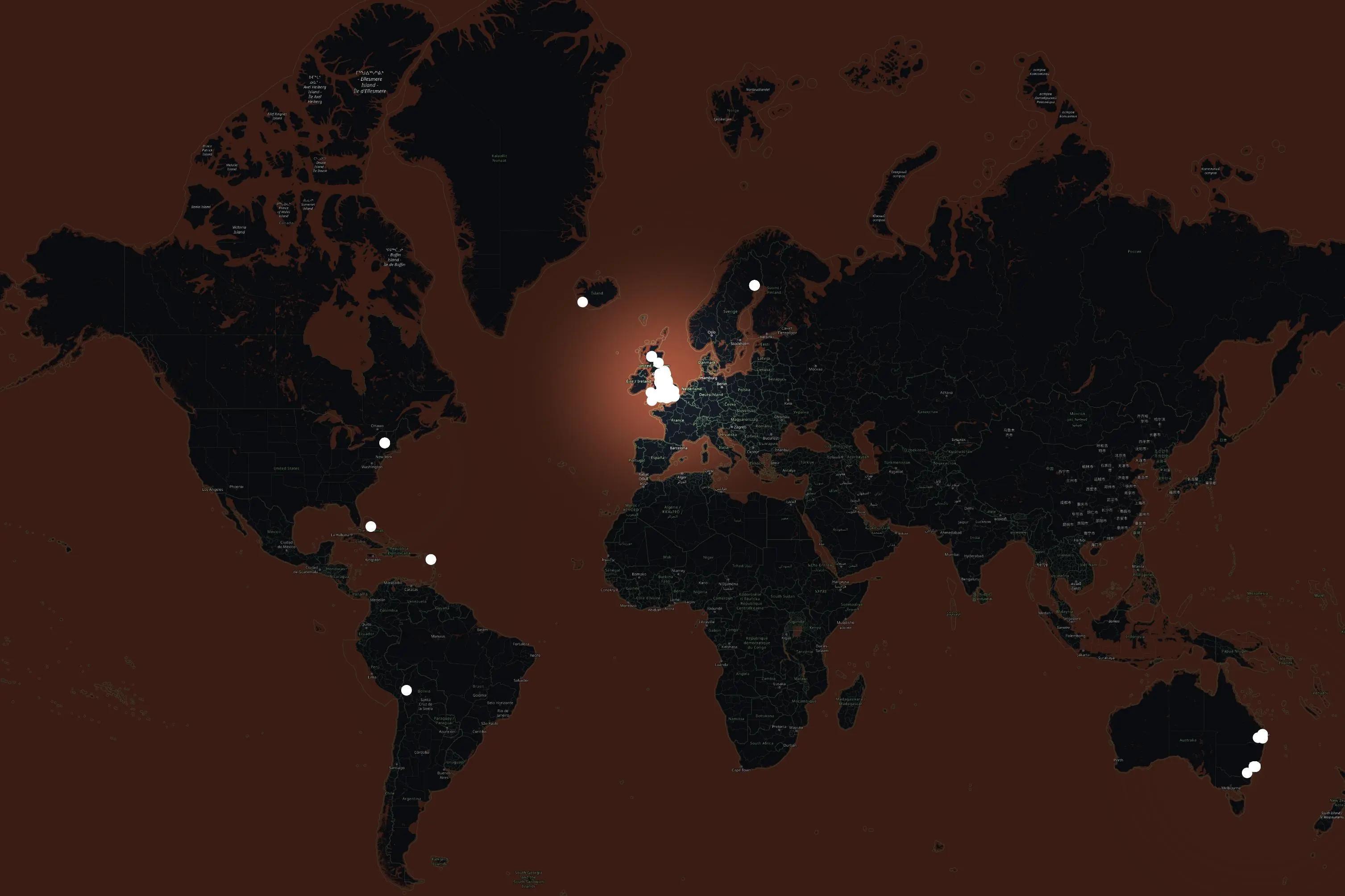 Light map showing the projects Sensat is working on around the world