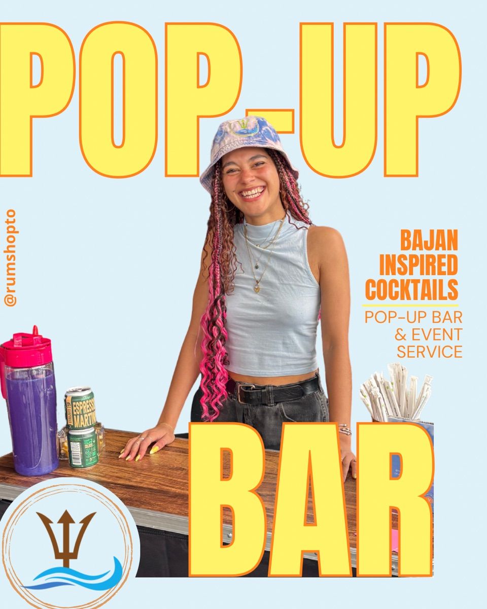 Rum Shop T.O. pop-up bar flyer: Ruby smiling behind the bar, “Bajan inspired cocktails”