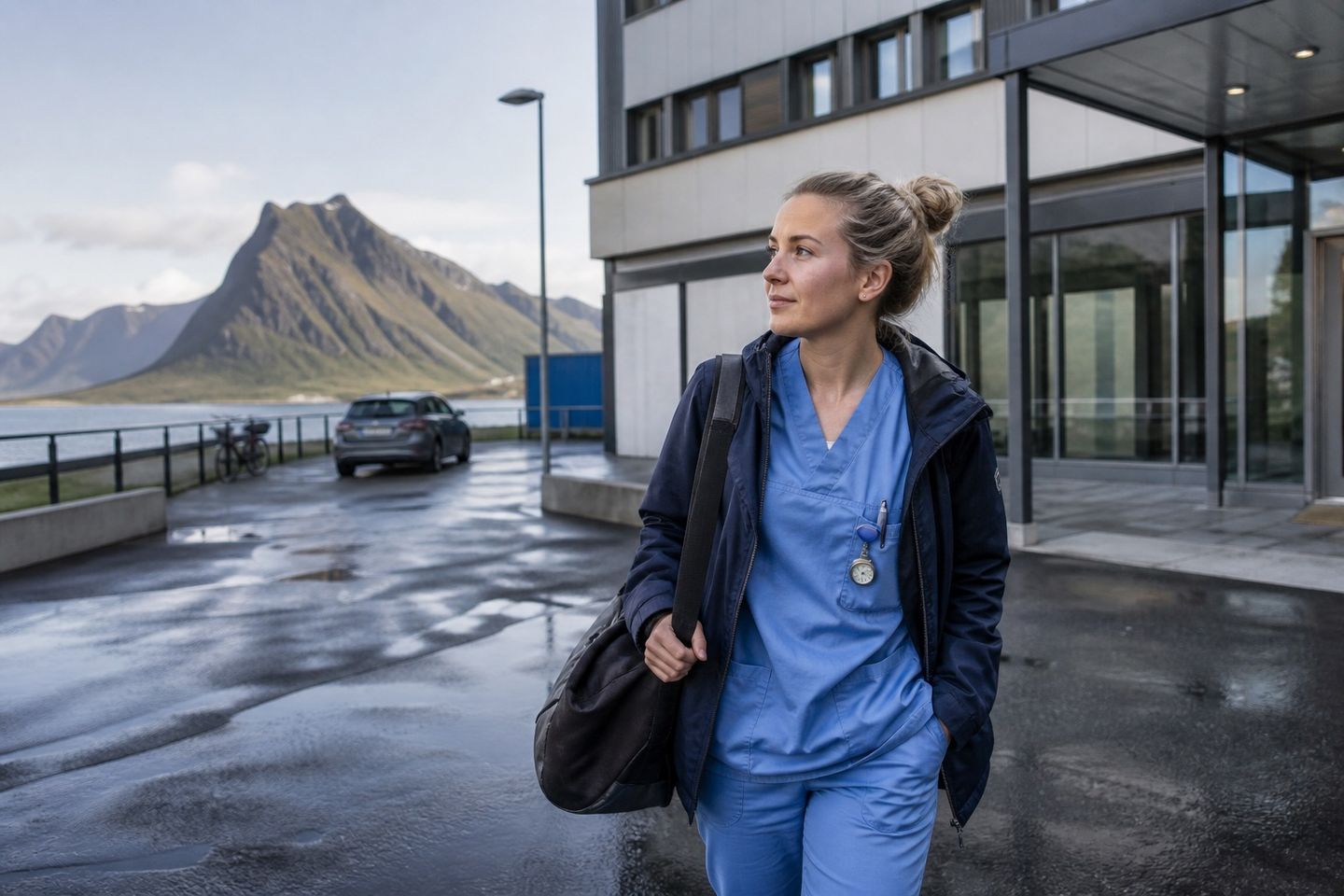 Sykepleier utenfor et sykehus i Nord-Norge