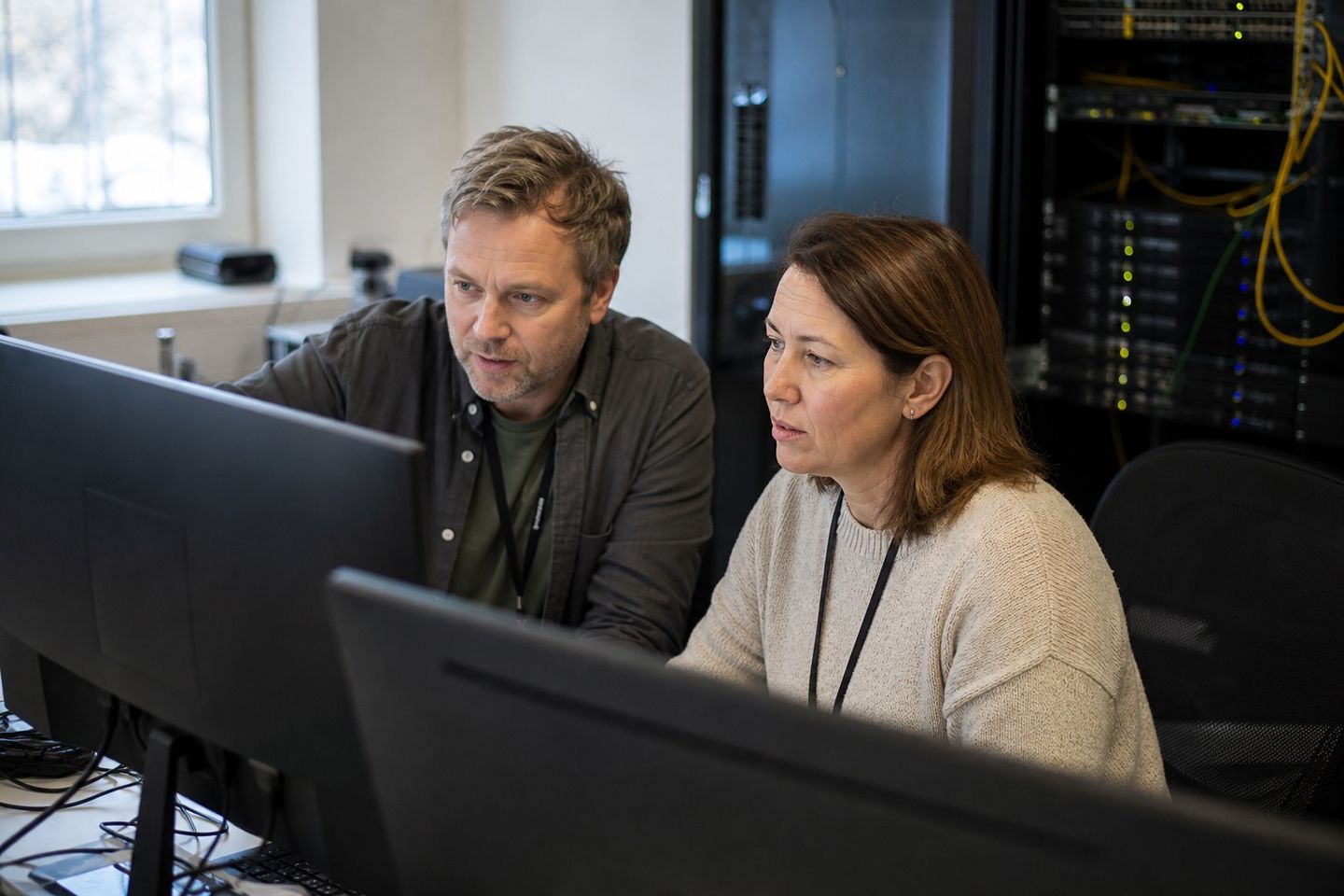 Voksen karrierebytter som lærer IT-drift sammen med en kollega