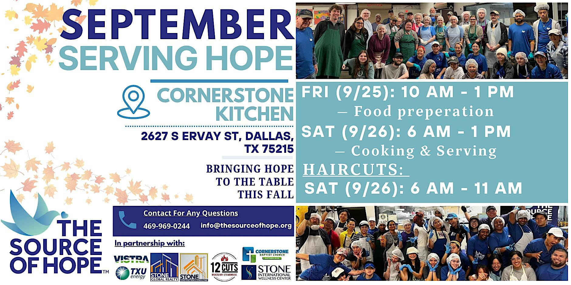 “September Serving Hope” event flyer for The Source of Hope featuring volunteers preparing food and group photo, with details for Cornerstone Kitchen in Dallas, TX, service dates and times, and QR code for donations or volunteer sign-up.
