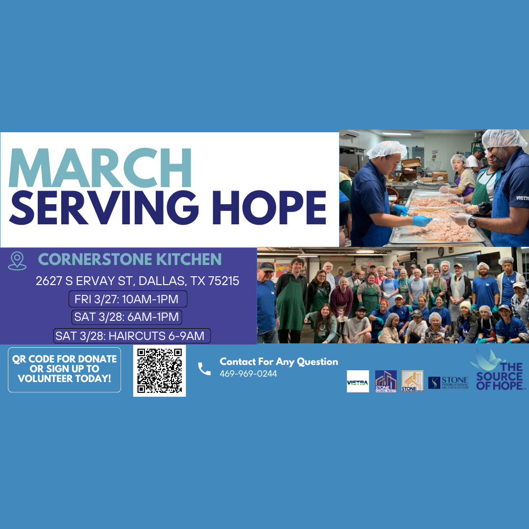 “March Serving Hope” event flyer for The Source of Hope featuring volunteers preparing food and group photo, with details for Cornerstone Kitchen in Dallas, TX, service dates and times, and QR code for donations or volunteer sign-up.