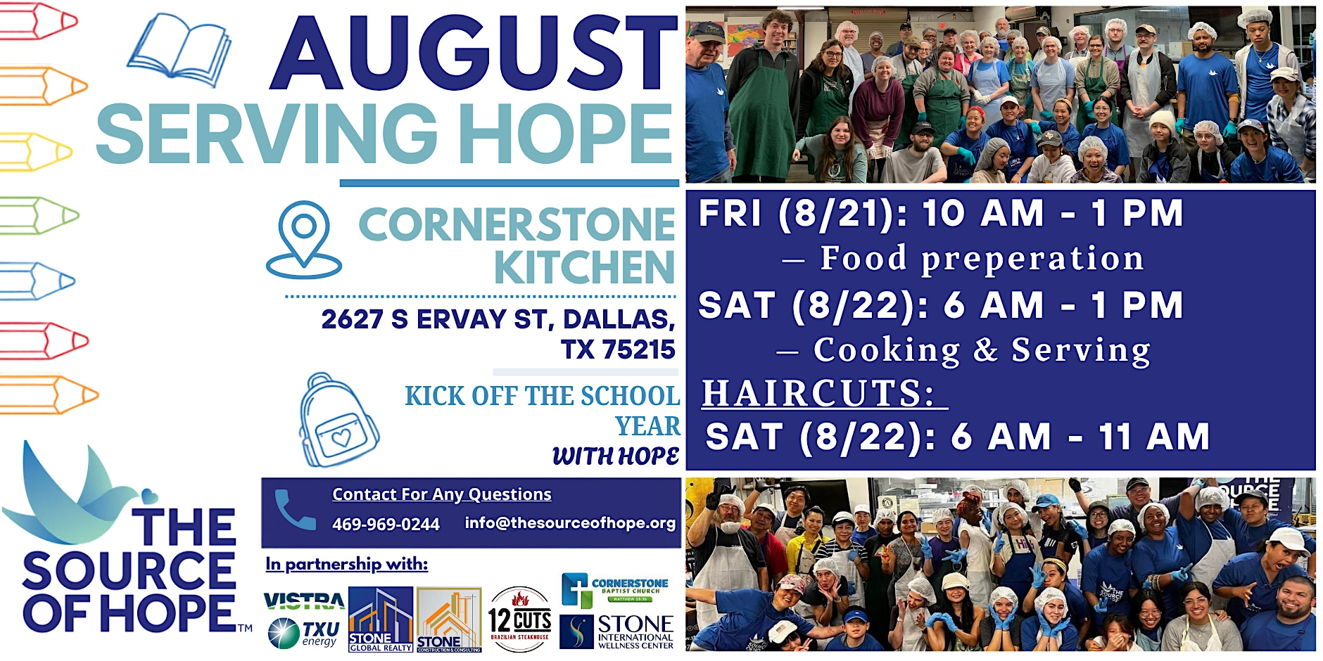 “August Serving Hope” event flyer for The Source of Hope featuring volunteers preparing food and group photo, with details for Cornerstone Kitchen in Dallas, TX, service dates and times, and QR code for donations or volunteer sign-up.