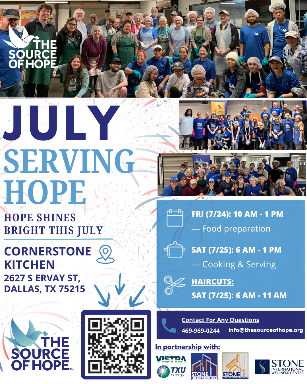 “July Serving Hope” event flyer for The Source of Hope featuring volunteers preparing food and group photo, with details for Cornerstone Kitchen in Dallas, TX, service dates and times, and QR code for donations or volunteer sign-up.